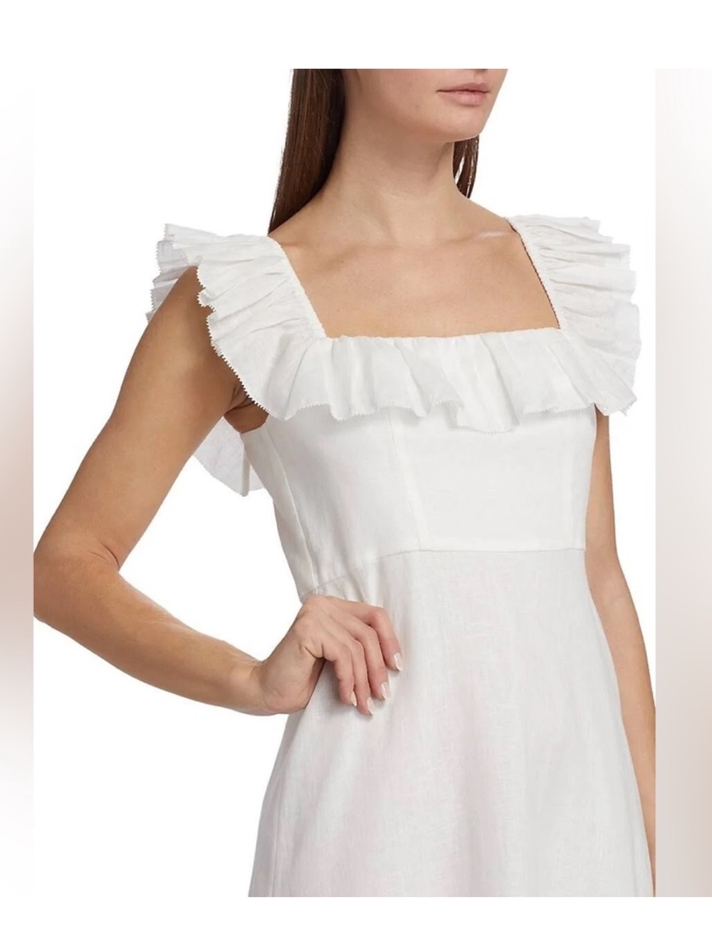 Zimmermann White Ruffle Square-Neck Mini Linen Dress